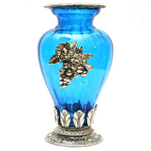 Blue Flower Vase Oxidised Silver Finish