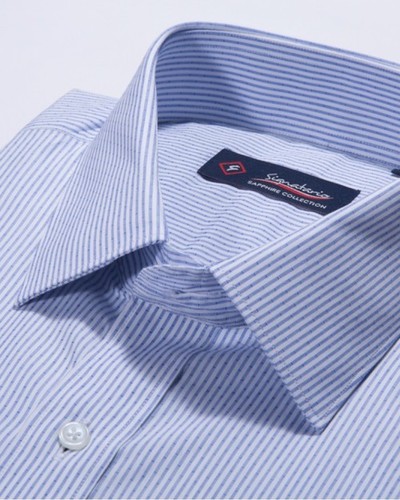 Mens Pure Cotton Shirt - 120 Thread Count Luxury Fabric Blue Stripes Design Regular Fit with Superior Collar Fusing and Enhanced Arm Movement
