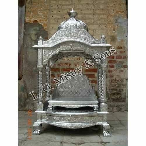 Wooden Carved Silver Pooja Mandir