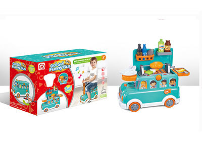 बच्चों के लिए लाइट और संगीत के साथ ग्रीन फनी बस बीबीक्यू टॉय सेट