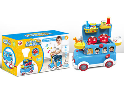 बच्चों के लिए लाइट और म्यूजिक के साथ ब्लू फनी बस कुकिंग टॉय सेट