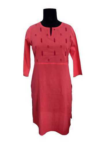 Leafy Pink Cotton Chikankari Long Kurti