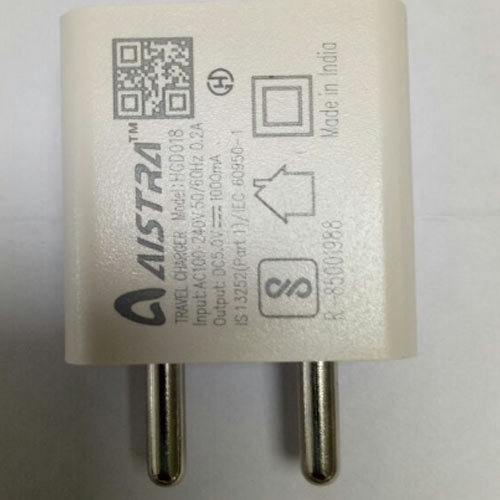 Plastic Mobile Charger Adapter - 1000 mAh, Input Voltage 100-240V, Output Voltage 5V, 1 Year Warranty, White Design