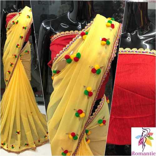 Yellow Pom Pom Party Wear Sarees