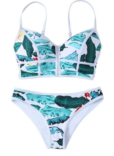 Green Leaf Print High Waist Swimwear