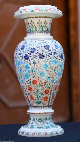 White Marble Flower Vase Inlay Semi Gems Stone