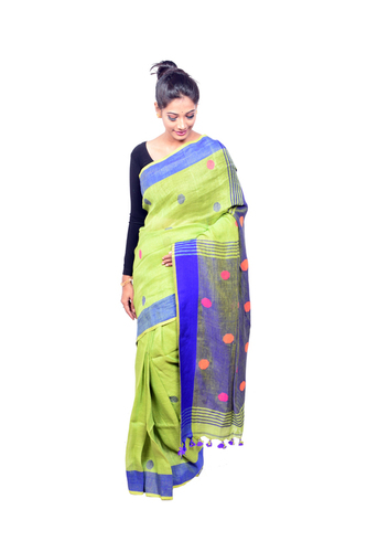 Green Linen Ball Buti Saree