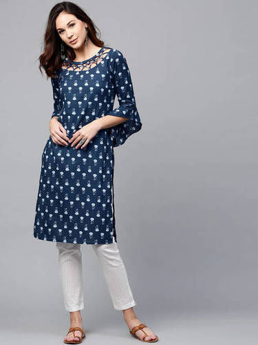 Trendy Blue Ladies Kurti Length: 34 Inch (In)