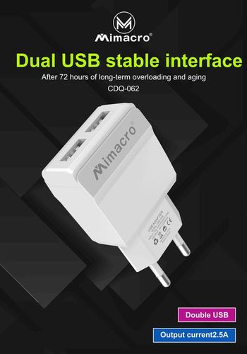 Dual Port USB Compatible 2.5A European Charger (Apple Android Huawei) (Mimacro)