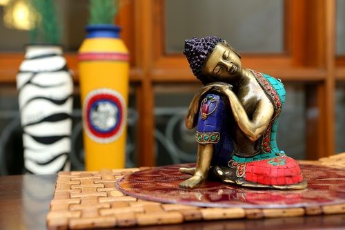 Brass Crafted Lord Buddha With Multicolor Stonework