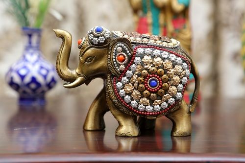 Brass Elephant With Multicolor Stonework