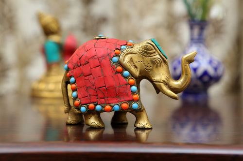 Golden Color Brass Elephant With Red Stonework