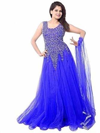 No Fade Sleeveless Blue Color Ladies Gown With Latest Neck Design