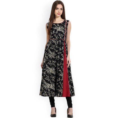 Sleeveless Mix Color Ladies Kurti (Black And Red) With Printed Pattern