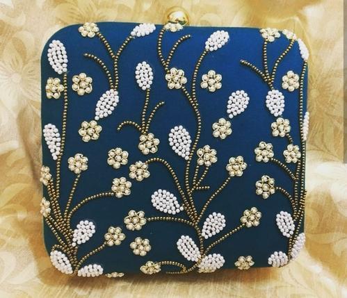 Blue Embroidered Evening Clutch Bag