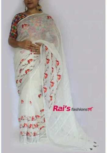 Linen By Linen Saree With Embroidery Work