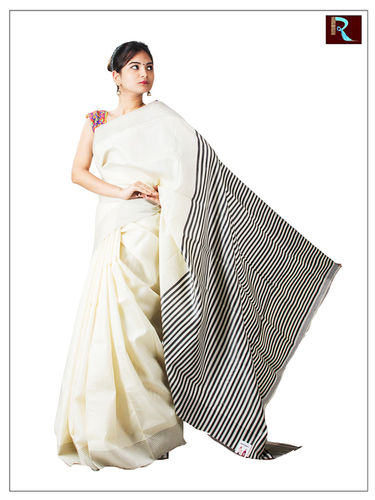 White Bishnupuri 3D Katan Silk Saree With Black Striped Pallu