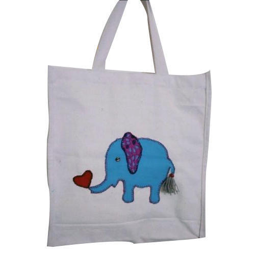 Canvas Shopping Bag - Manjarpat Cloth, 8-20 Inch Height, White Color | Hand Applique Style, Standard Capacity 10-15 kg