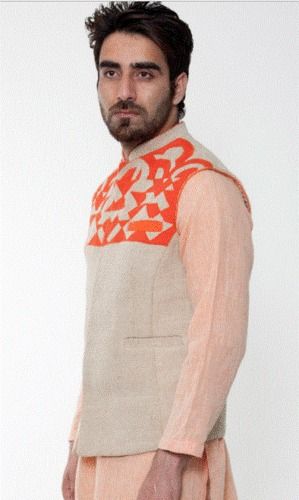 Orange Applique Nehru Jacket