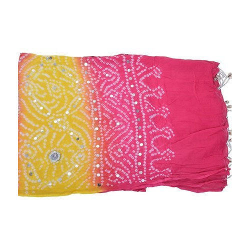 Pink And Yellow Printed Bandhani Cotton Dupatta