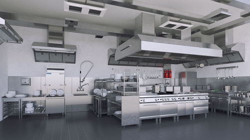 Stainless Steel Modern Commercial Kitchen With Chimney