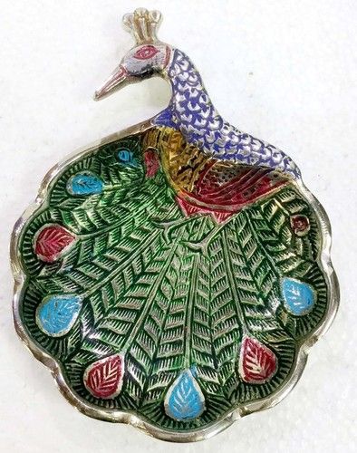 Multicolour Brass Casted Peacock With Enameled Trinket Tray