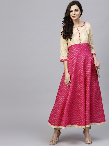 Quick Dry Pink And Beige Jacquard Design Flared Anarkali