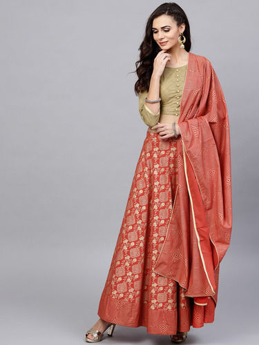 Indian Rust And Gold Printed Lehenga With Green Blouse And Dupatta Set