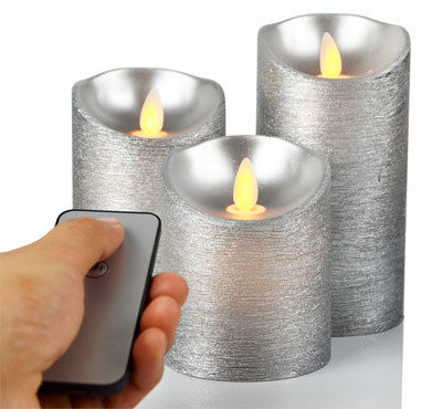 Battery Operated Silver Color Moving Wick Flameless LED Pillar Candles