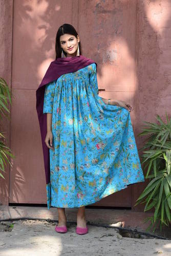 Print Ankle Length Plus Size Kurti Gown - Fiza Fashions