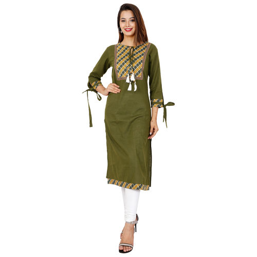Lakbi Women's Solid Green Cord with Tassel Decorated Straight Cotton Kurti