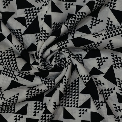 100% Polyester Print Lavender Crepe Fabric - 70 GSM, Soft Hand Feel, Black and White Triangle Print, Shrinkage 18-20%, Yarn Count 50d x 75d
