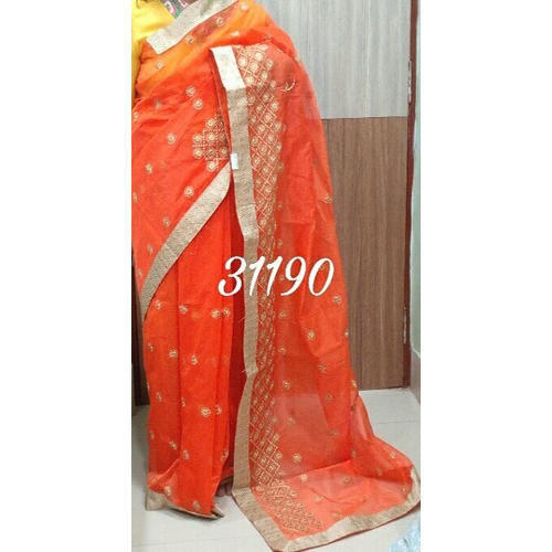 Orange Supernet Printed Saree