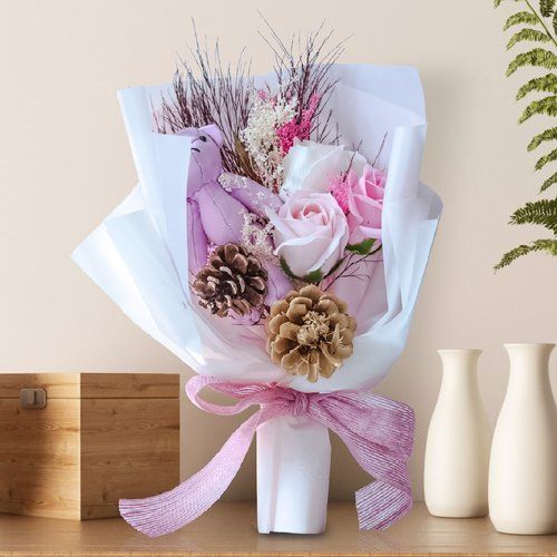 Roses With Bunny Artificial Hand Bouquet - Pink
