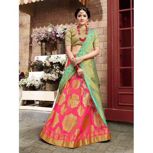 Buy Green And Pink Banarasi Silk Lehenga online-Karagiri