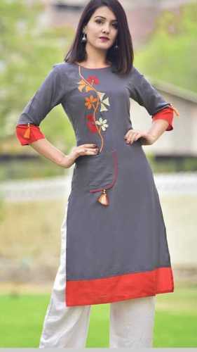 Ladies Rayon Embroidered Kurti And Palazzo Set