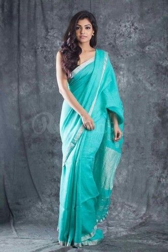 Terqueas Blue Handloom Woven Linen Saree