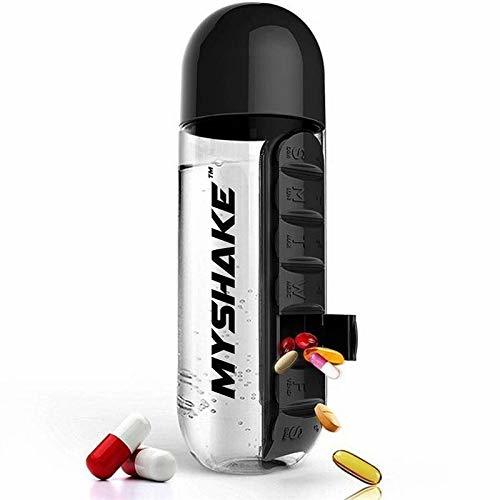 Plastic Myshake Water Bottle With Pills Organizer 600Ml (Black)