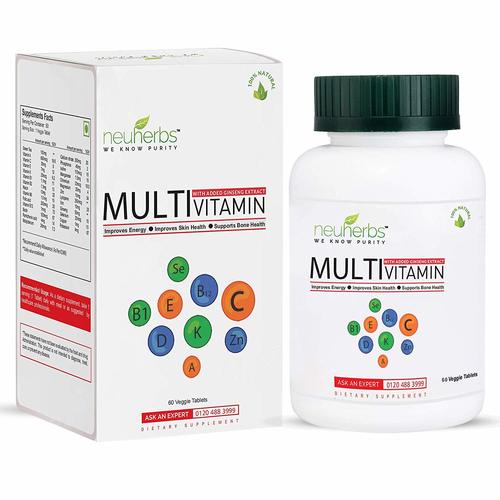 Neuherbs Multivitamin with 27 Nutrients (Vitamins, Minerals & Enriched Ginseng Extract) for Men and Women - 60 Veggie Tablets