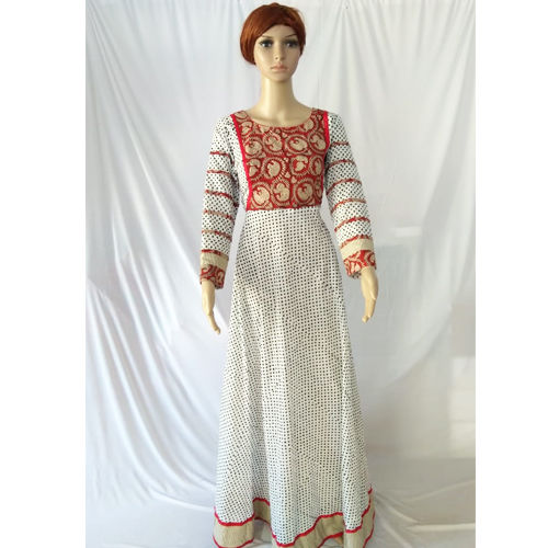 Floor Length Designer Hand Block Print Cotton Kurti With Beautiful Sleeves Size: Medium