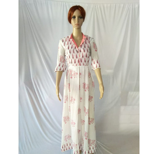 Hand Block Printed Designer Collar Kurti With Floor Length And Center Potli Buttons Size: Medium