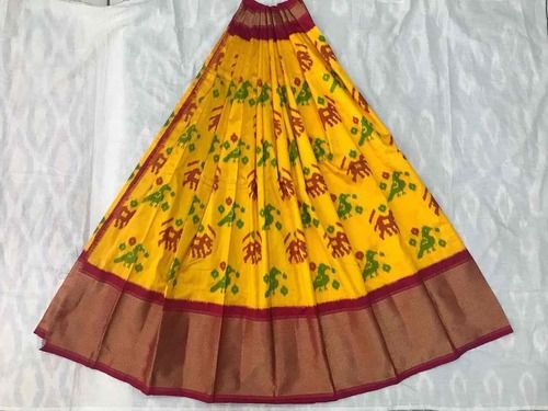 UNSTICHED ::: PochamPally Pattu Half Saree Lehenga Choli With Embroidery  Border Dupatta Set