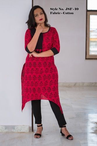 Washable Red And Black Jaipuri Printed Kurti