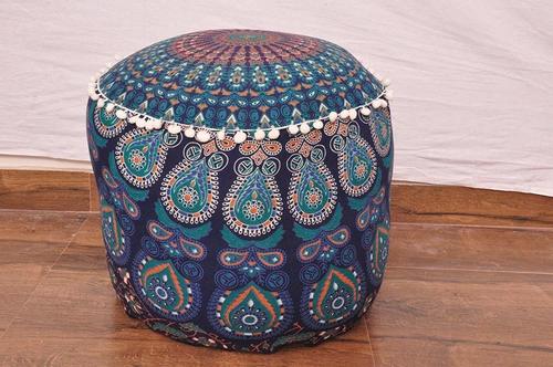 Blue Peacock Mandala Print Pouf Ottoman Cotton Indian Bench Cover