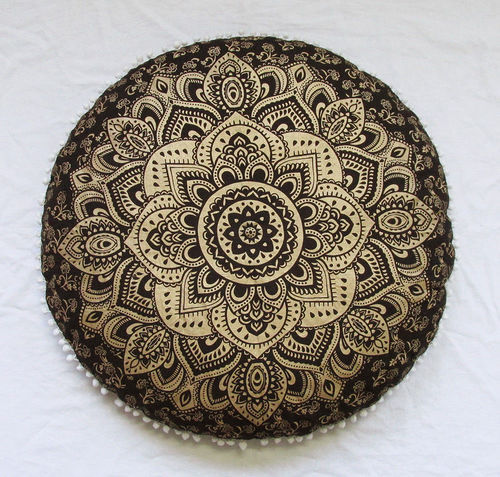 Black Mandala Round Floor Pillow Cover Ethnic Hand Printed Cushion Cover