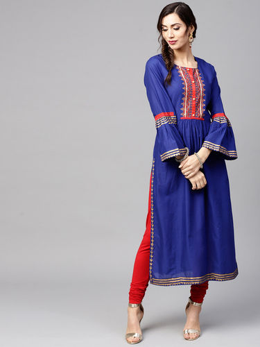 Women Blue Yoke Design Straight Kurta