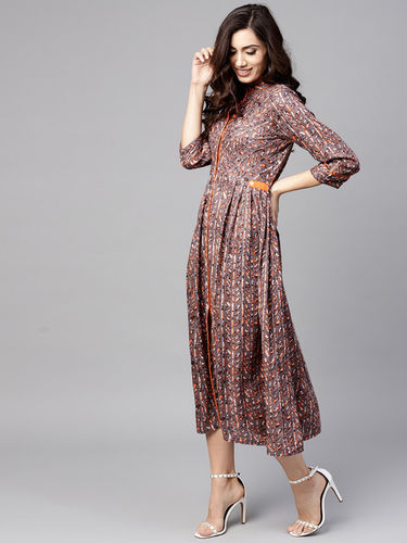 Women Grey Printed Midi A-Line Dress