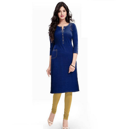 Blue Casual Plain Denim Kurti