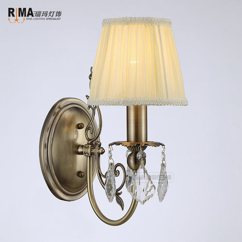 Rima1864 Home Decoration Classic Golden Color Fabric Shade Antique Brass Crystal Wall Light Light Source: Energy Saving