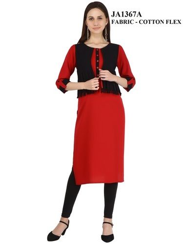 Red Straight Cotton Jaipuri Kurti